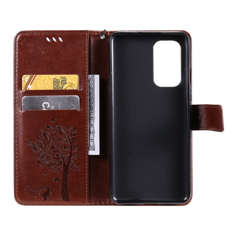 For OnePlus 9 Tree & Cat Pattern Pressed Printing Horizontal Flip PU Leather Case with Holder & Card Slots & Wallet & Lanyard