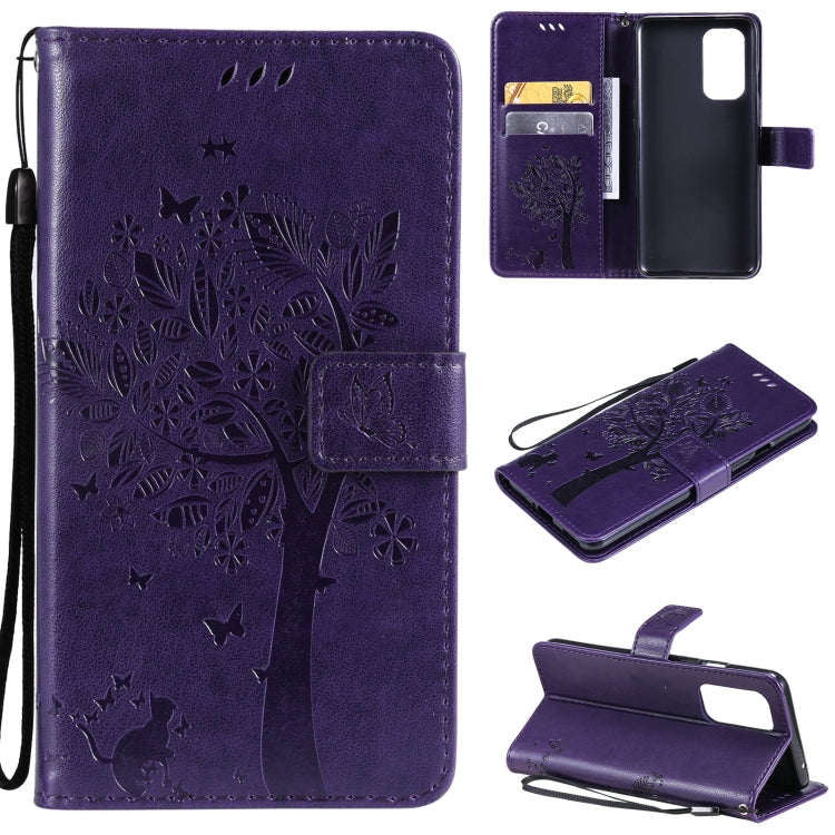 For OnePlus 9 Tree & Cat Pattern Pressed Printing Horizontal Flip PU Leather Case with Holder & Card Slots & Wallet & Lanyard
