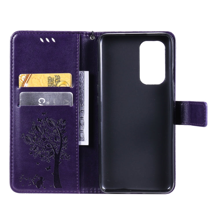 For OnePlus 9 Tree & Cat Pattern Pressed Printing Horizontal Flip PU Leather Case with Holder & Card Slots & Wallet & Lanyard