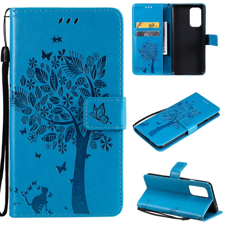 For OnePlus 9 Tree & Cat Pattern Pressed Printing Horizontal Flip PU Leather Case with Holder & Card Slots & Wallet & Lanyard