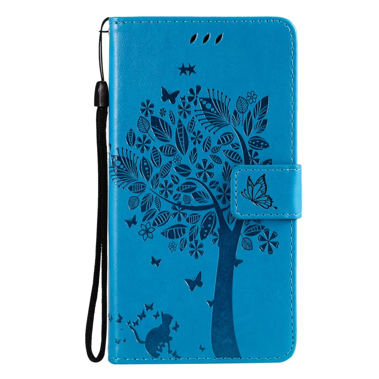 For OnePlus 9 Tree & Cat Pattern Pressed Printing Horizontal Flip PU Leather Case with Holder & Card Slots & Wallet & Lanyard