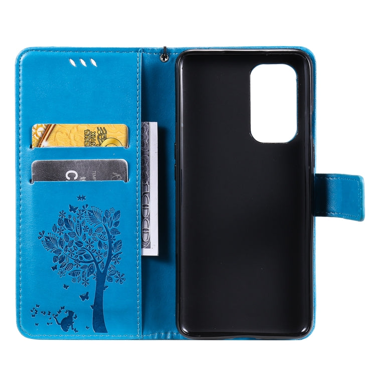 For OnePlus 9 Tree & Cat Pattern Pressed Printing Horizontal Flip PU Leather Case with Holder & Card Slots & Wallet & Lanyard