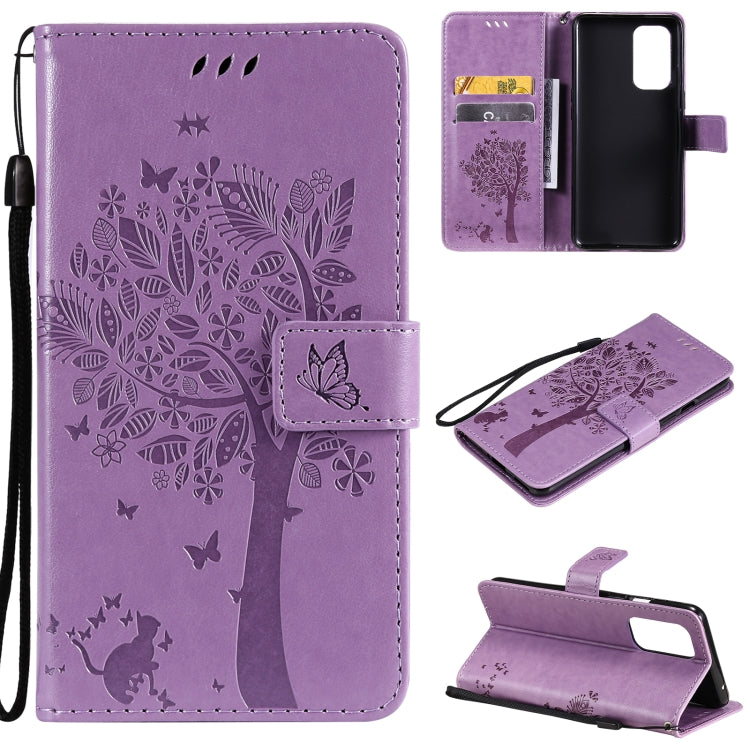 For OnePlus 9 Tree & Cat Pattern Pressed Printing Horizontal Flip PU Leather Case with Holder & Card Slots & Wallet & Lanyard