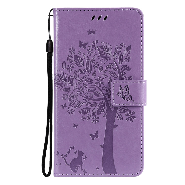 For OnePlus 9 Tree & Cat Pattern Pressed Printing Horizontal Flip PU Leather Case with Holder & Card Slots & Wallet & Lanyard