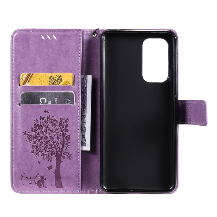 For OnePlus 9 Tree & Cat Pattern Pressed Printing Horizontal Flip PU Leather Case with Holder & Card Slots & Wallet & Lanyard