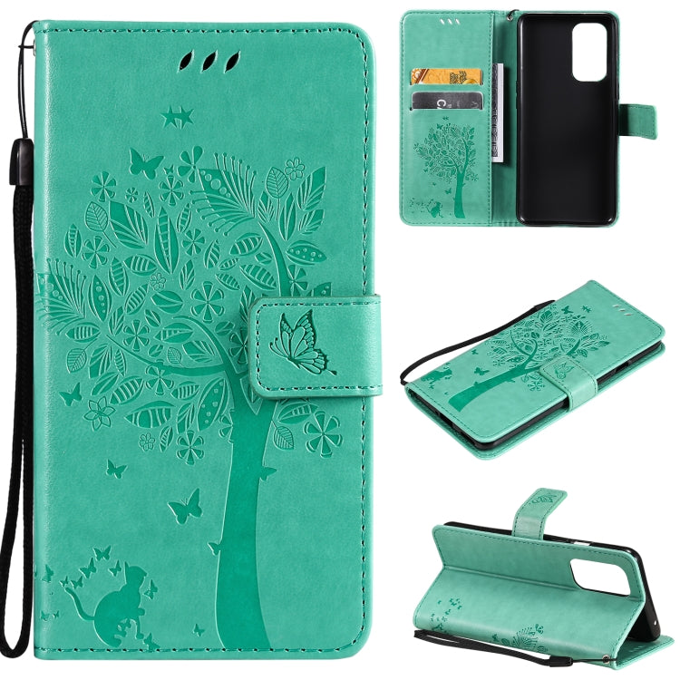 For OnePlus 9 Tree & Cat Pattern Pressed Printing Horizontal Flip PU Leather Case with Holder & Card Slots & Wallet & Lanyard