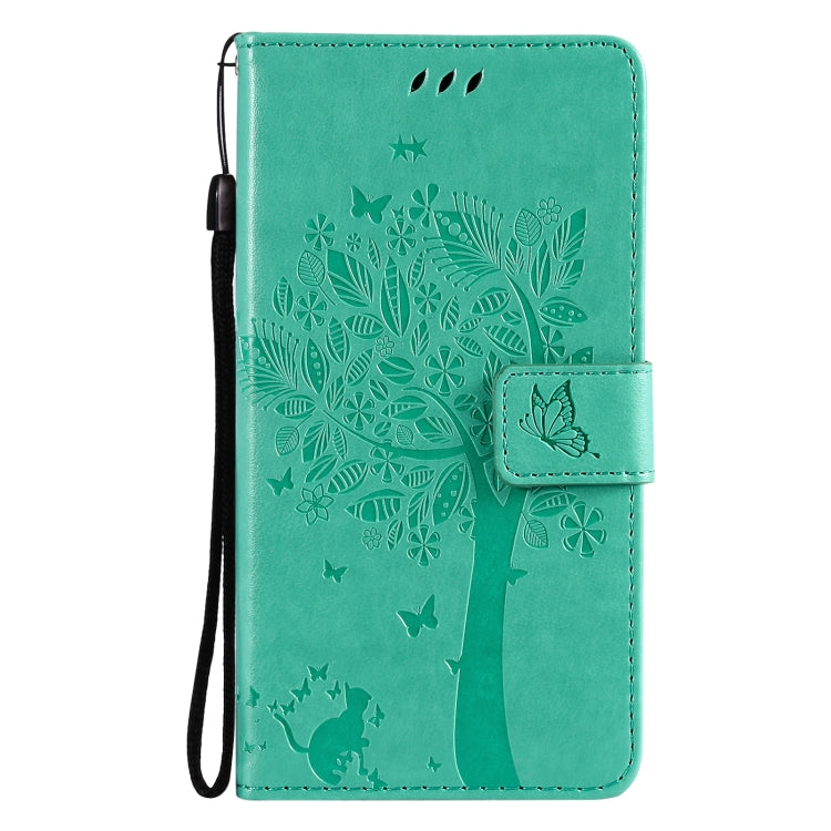 For OnePlus 9 Tree & Cat Pattern Pressed Printing Horizontal Flip PU Leather Case with Holder & Card Slots & Wallet & Lanyard