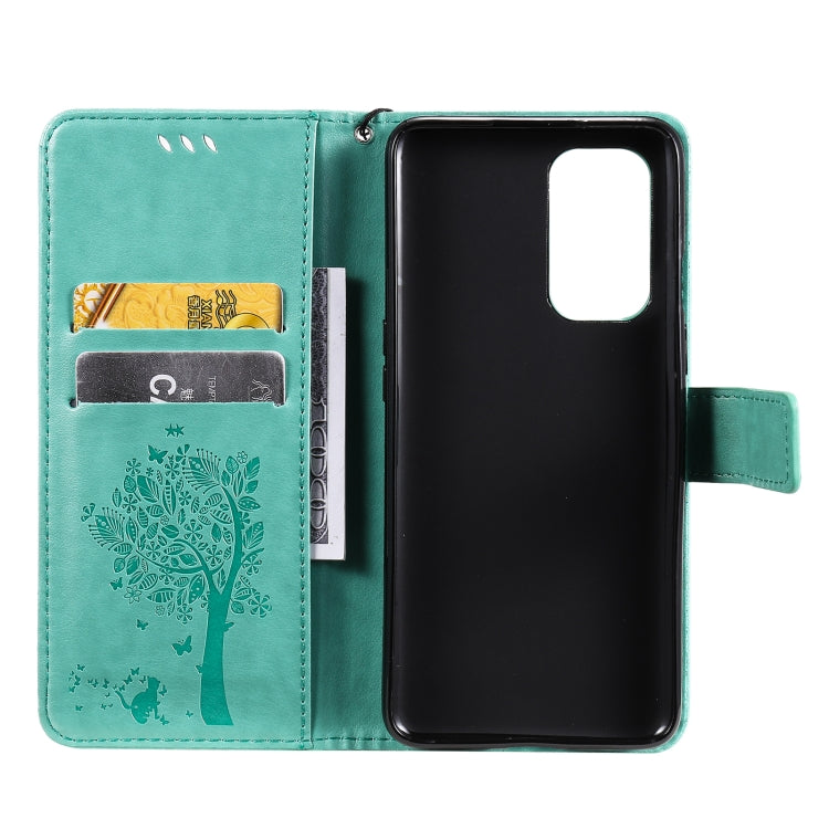 For OnePlus 9 Tree & Cat Pattern Pressed Printing Horizontal Flip PU Leather Case with Holder & Card Slots & Wallet & Lanyard