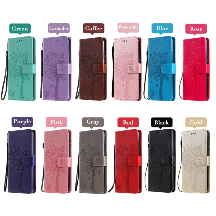 For OnePlus 9 Tree & Cat Pattern Pressed Printing Horizontal Flip PU Leather Case with Holder & Card Slots & Wallet & Lanyard