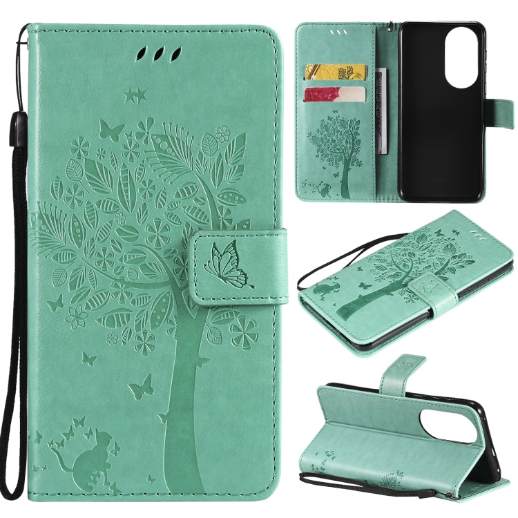 For Huawei P50 Tree & Cat Pattern Pressed Printing Horizontal Flip PU Leather Case with Holder & Card Slots & Wallet & Lanyard