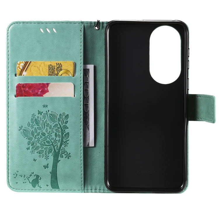 For Huawei P50 Tree & Cat Pattern Pressed Printing Horizontal Flip PU Leather Case with Holder & Card Slots & Wallet & Lanyard