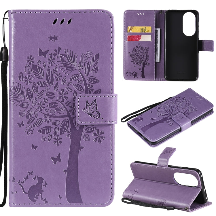 For Huawei P50 Tree & Cat Pattern Pressed Printing Horizontal Flip PU Leather Case with Holder & Card Slots & Wallet & Lanyard