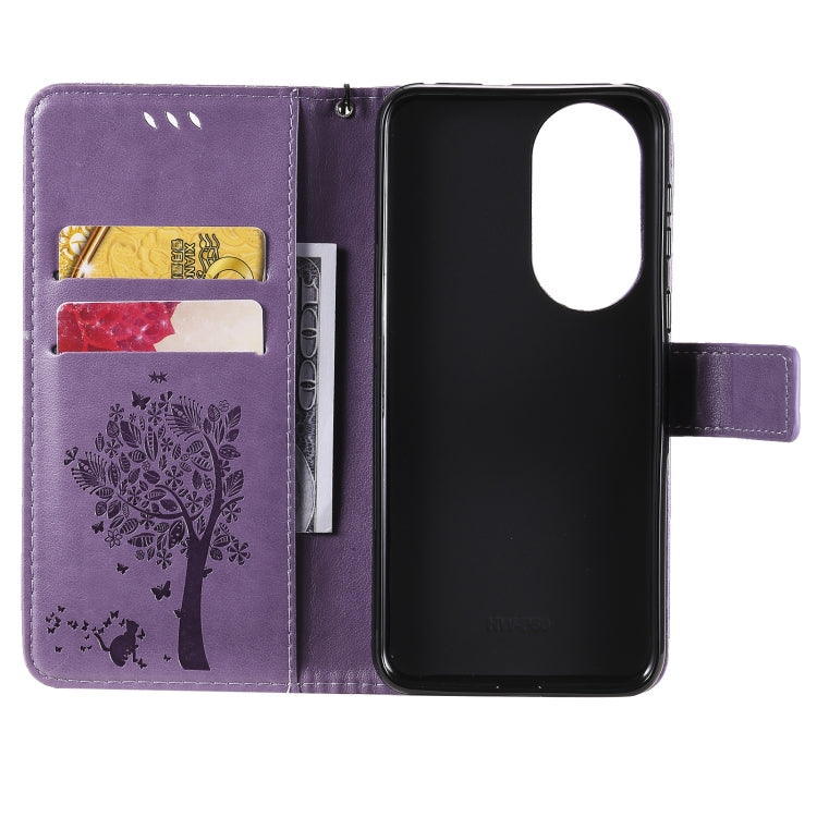 For Huawei P50 Tree & Cat Pattern Pressed Printing Horizontal Flip PU Leather Case with Holder & Card Slots & Wallet & Lanyard