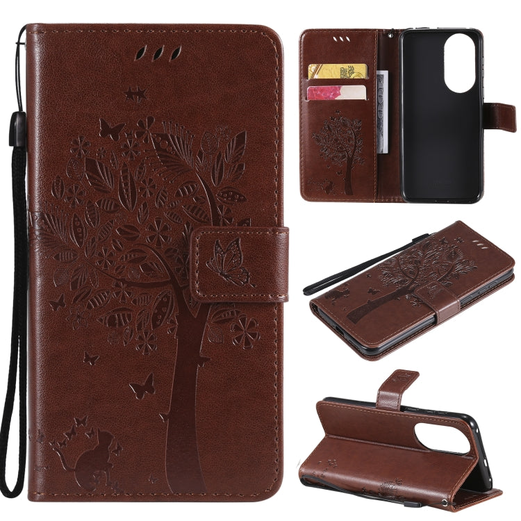 For Huawei P50 Tree & Cat Pattern Pressed Printing Horizontal Flip PU Leather Case with Holder & Card Slots & Wallet & Lanyard