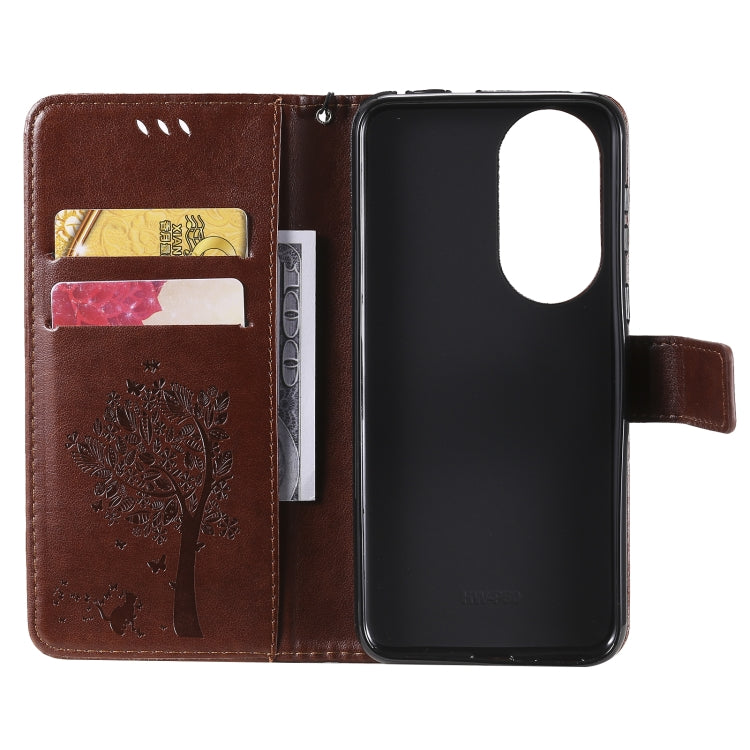 For Huawei P50 Tree & Cat Pattern Pressed Printing Horizontal Flip PU Leather Case with Holder & Card Slots & Wallet & Lanyard