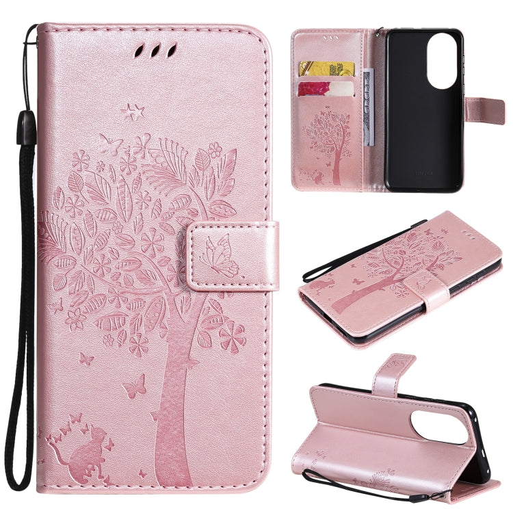 For Huawei P50 Tree & Cat Pattern Pressed Printing Horizontal Flip PU Leather Case with Holder & Card Slots & Wallet & Lanyard