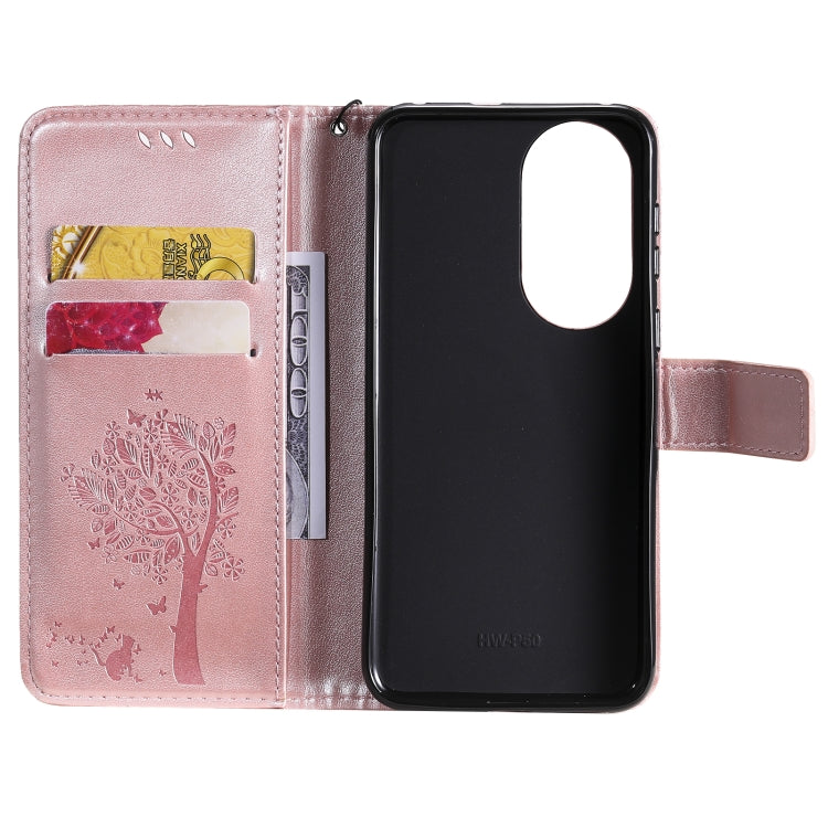 For Huawei P50 Tree & Cat Pattern Pressed Printing Horizontal Flip PU Leather Case with Holder & Card Slots & Wallet & Lanyard