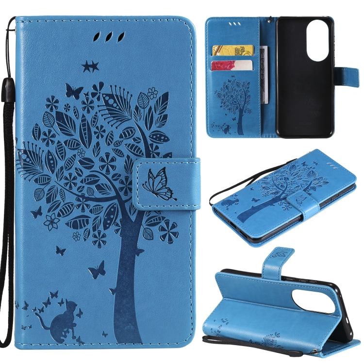 For Huawei P50 Tree & Cat Pattern Pressed Printing Horizontal Flip PU Leather Case with Holder & Card Slots & Wallet & Lanyard