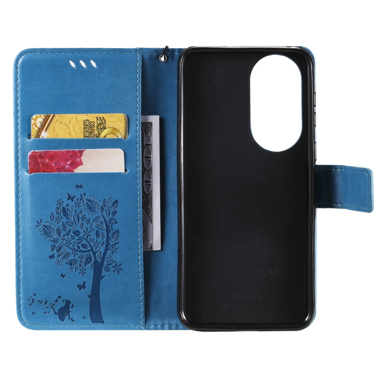 For Huawei P50 Tree & Cat Pattern Pressed Printing Horizontal Flip PU Leather Case with Holder & Card Slots & Wallet & Lanyard