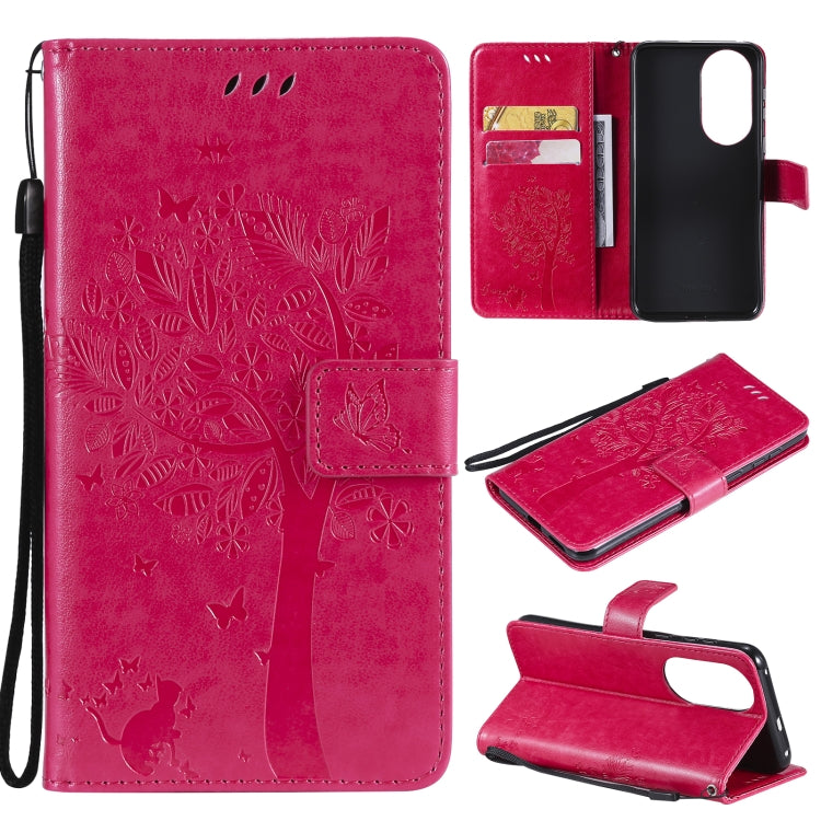 For Huawei P50 Tree & Cat Pattern Pressed Printing Horizontal Flip PU Leather Case with Holder & Card Slots & Wallet & Lanyard