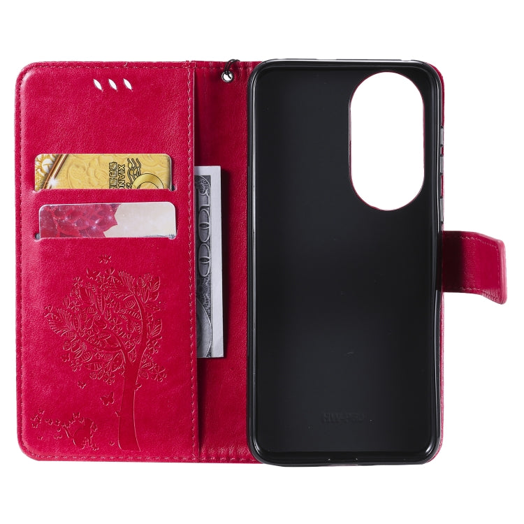 For Huawei P50 Tree & Cat Pattern Pressed Printing Horizontal Flip PU Leather Case with Holder & Card Slots & Wallet & Lanyard