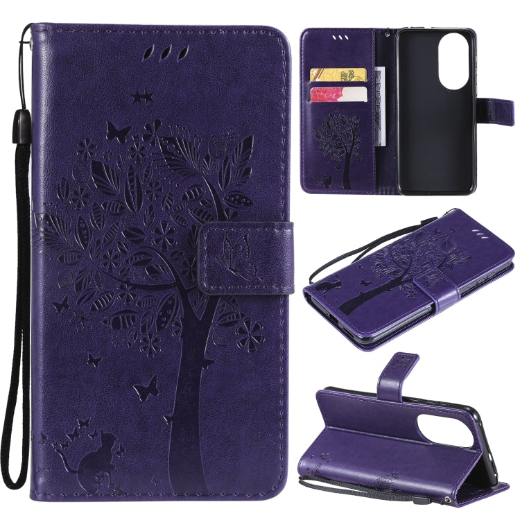 For Huawei P50 Tree & Cat Pattern Pressed Printing Horizontal Flip PU Leather Case with Holder & Card Slots & Wallet & Lanyard
