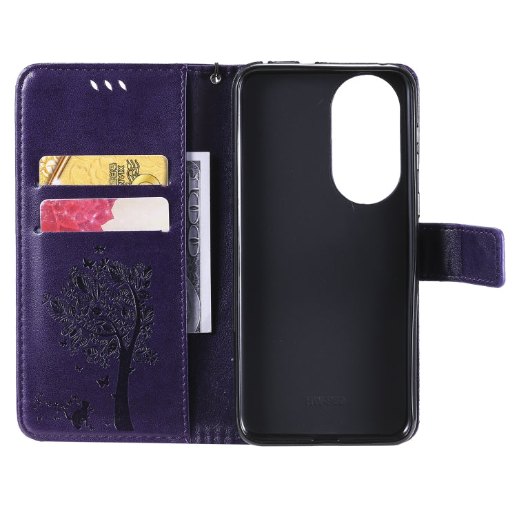 For Huawei P50 Tree & Cat Pattern Pressed Printing Horizontal Flip PU Leather Case with Holder & Card Slots & Wallet & Lanyard