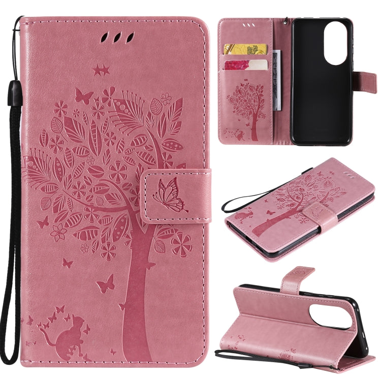 For Huawei P50 Tree & Cat Pattern Pressed Printing Horizontal Flip PU Leather Case with Holder & Card Slots & Wallet & Lanyard