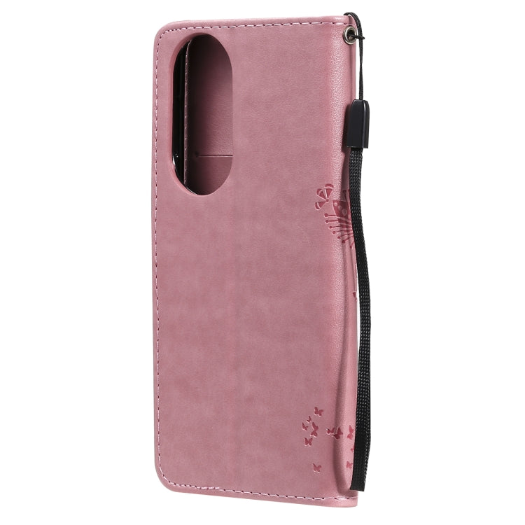 For Huawei P50 Tree & Cat Pattern Pressed Printing Horizontal Flip PU Leather Case with Holder & Card Slots & Wallet & Lanyard