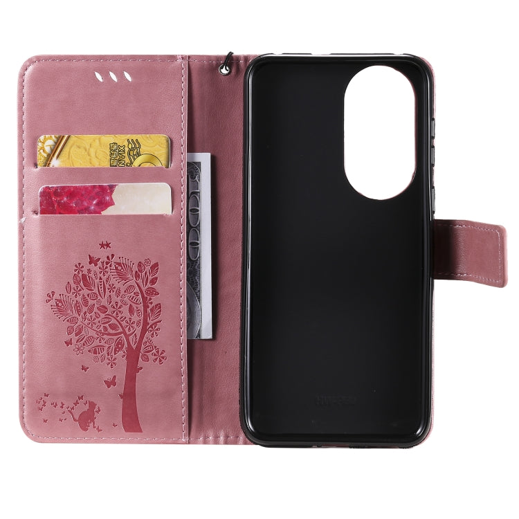 For Huawei P50 Tree & Cat Pattern Pressed Printing Horizontal Flip PU Leather Case with Holder & Card Slots & Wallet & Lanyard