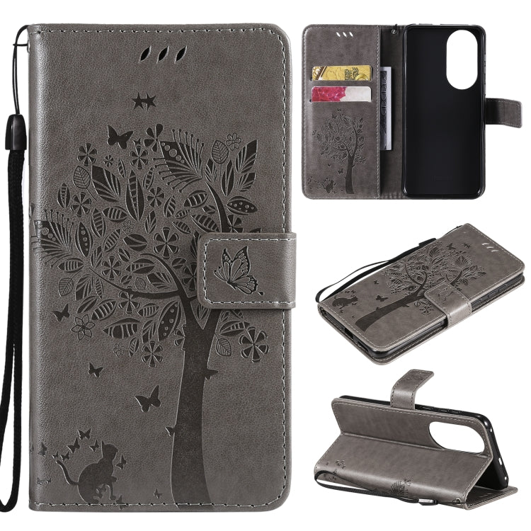 For Huawei P50 Tree & Cat Pattern Pressed Printing Horizontal Flip PU Leather Case with Holder & Card Slots & Wallet & Lanyard