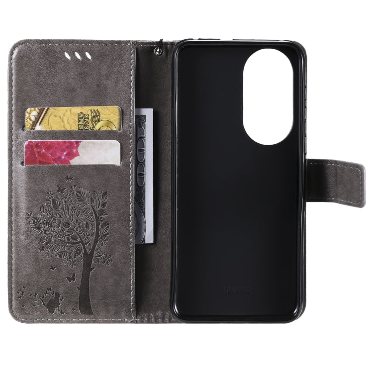 For Huawei P50 Tree & Cat Pattern Pressed Printing Horizontal Flip PU Leather Case with Holder & Card Slots & Wallet & Lanyard