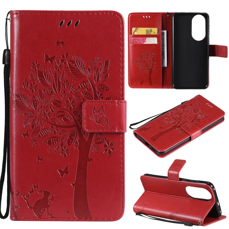 For Huawei P50 Tree & Cat Pattern Pressed Printing Horizontal Flip PU Leather Case with Holder & Card Slots & Wallet & Lanyard