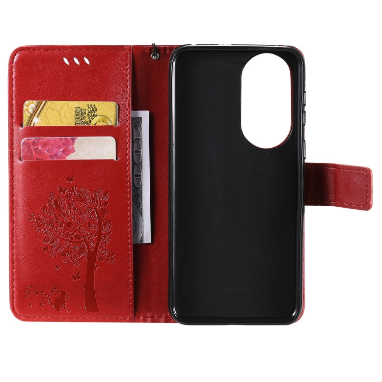 For Huawei P50 Tree & Cat Pattern Pressed Printing Horizontal Flip PU Leather Case with Holder & Card Slots & Wallet & Lanyard
