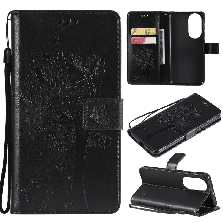 For Huawei P50 Tree & Cat Pattern Pressed Printing Horizontal Flip PU Leather Case with Holder & Card Slots & Wallet & Lanyard
