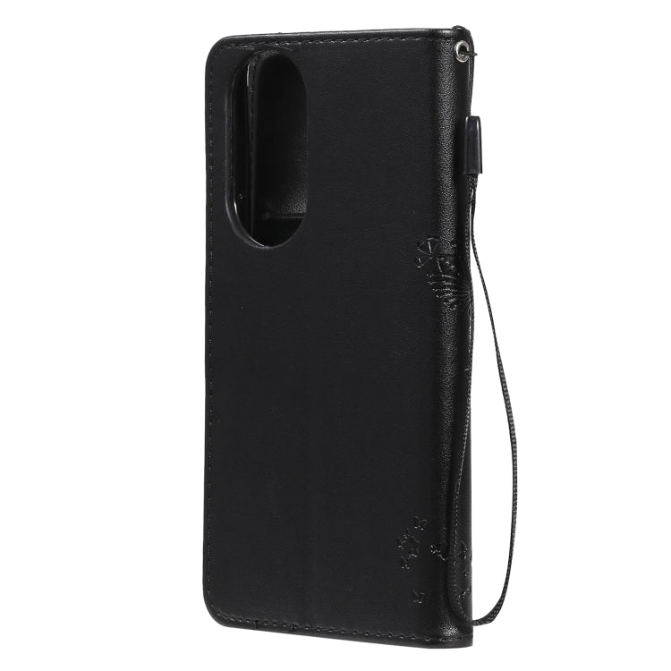 For Huawei P50 Tree & Cat Pattern Pressed Printing Horizontal Flip PU Leather Case with Holder & Card Slots & Wallet & Lanyard