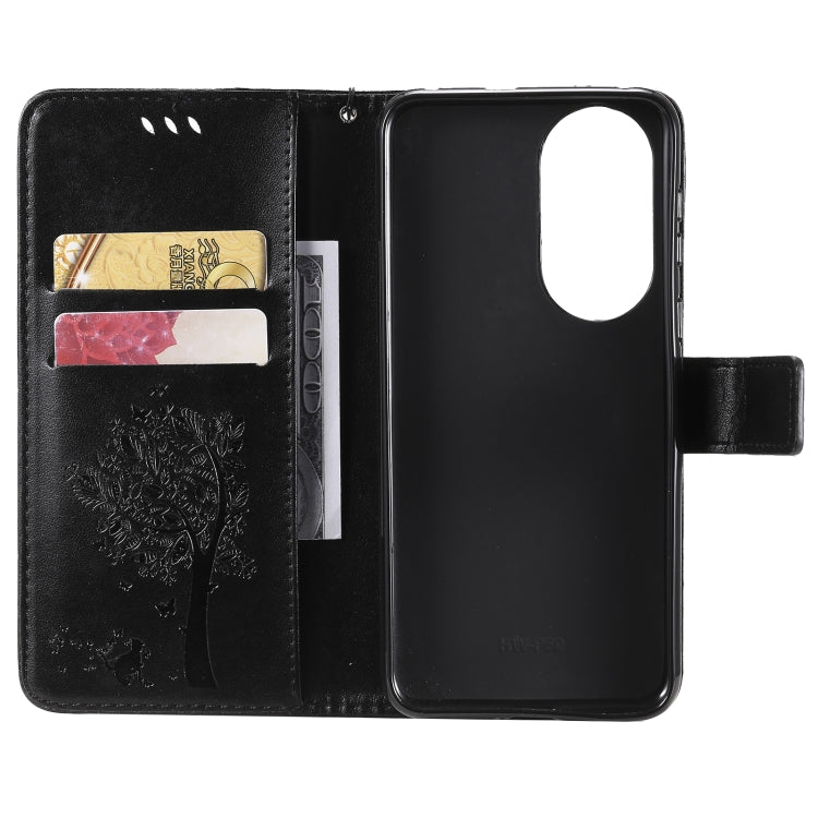 For Huawei P50 Tree & Cat Pattern Pressed Printing Horizontal Flip PU Leather Case with Holder & Card Slots & Wallet & Lanyard
