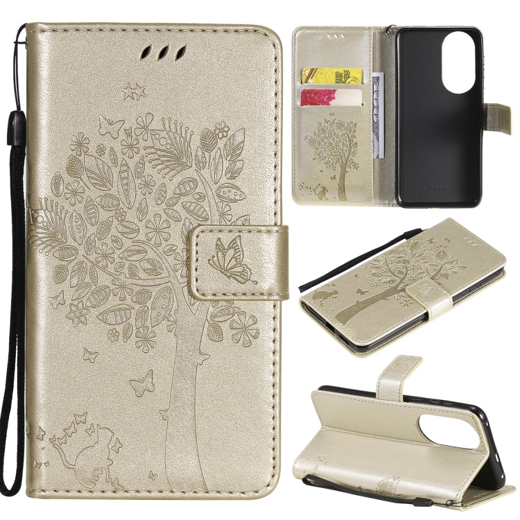 For Huawei P50 Tree & Cat Pattern Pressed Printing Horizontal Flip PU Leather Case with Holder & Card Slots & Wallet & Lanyard