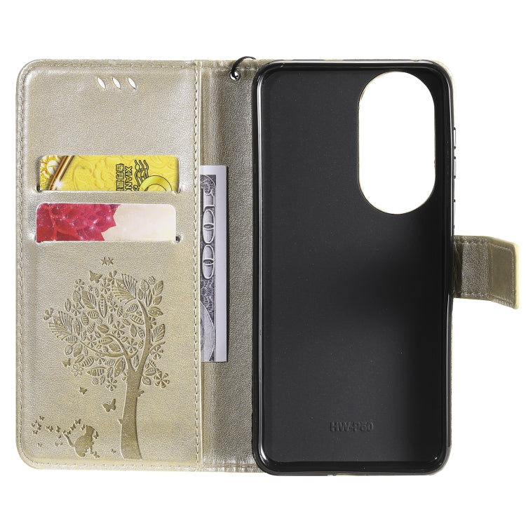 For Huawei P50 Tree & Cat Pattern Pressed Printing Horizontal Flip PU Leather Case with Holder & Card Slots & Wallet & Lanyard