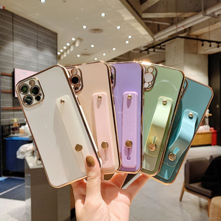 For iPhone 12 Pro 6D Pure Color Plating Protective Case with Wristband & Holder