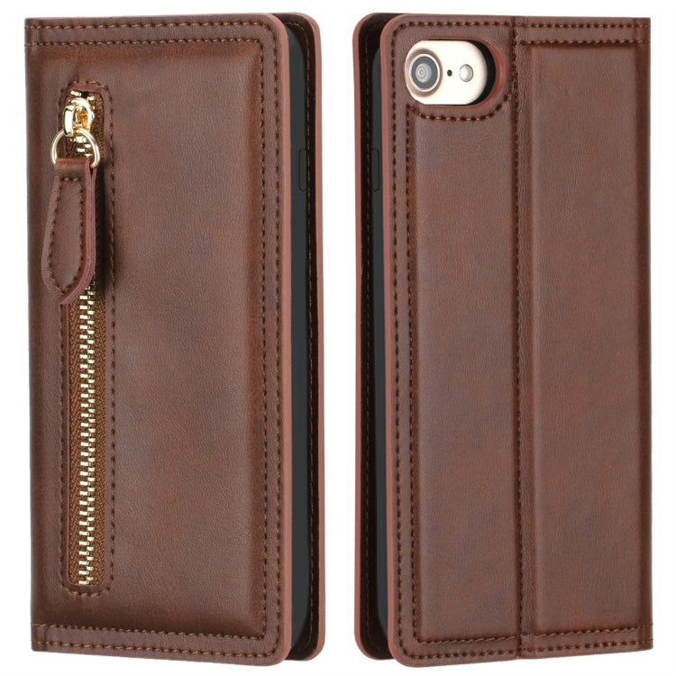For iPhone 6 / 7 / 8 Skin Texture Magnetic Zipper Horizontal Flip Leather Case with Card Slot & Wallet