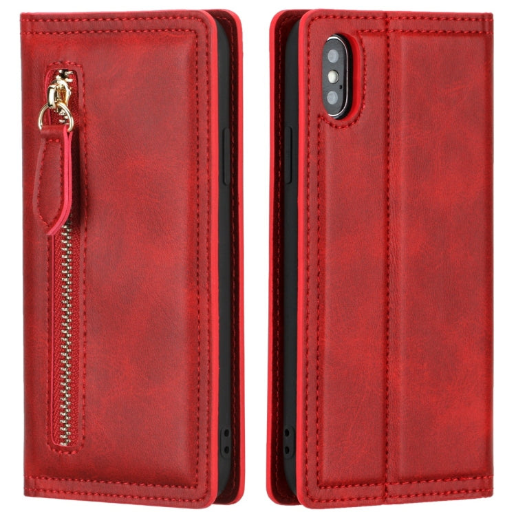 For iPhone X / XS Skin Texture Magnetic Zipper Horizontal Flip Leather Case with Card Slot & Wallet