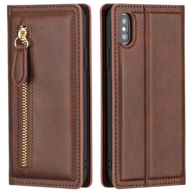 For iPhone X / XS Skin Texture Magnetic Zipper Horizontal Flip Leather Case with Card Slot & Wallet