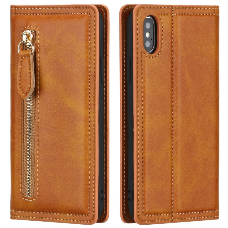 For iPhone X / XS Skin Texture Magnetic Zipper Horizontal Flip Leather Case with Card Slot & Wallet