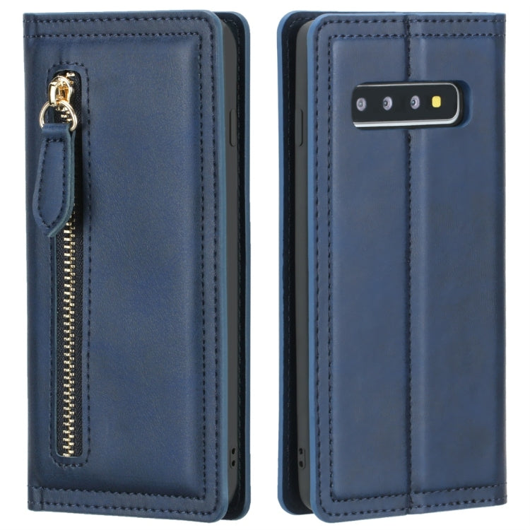 For Galaxy S10+ Skin Texture Magnetic Zipper Horizontal Flip Leather Case with Card Slot & Wallet