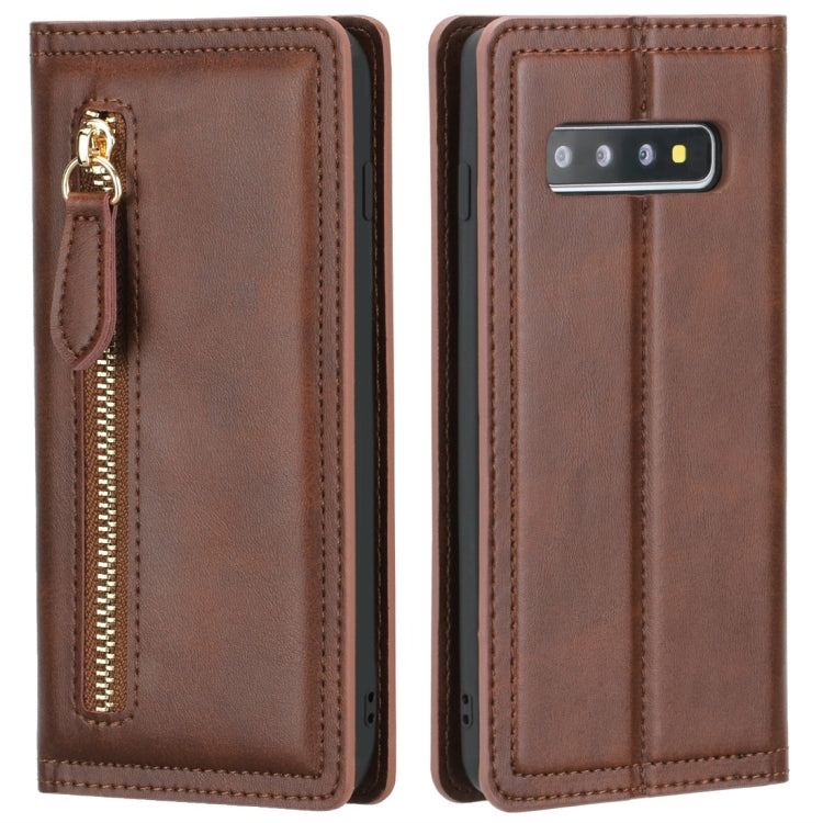For Galaxy S10+ Skin Texture Magnetic Zipper Horizontal Flip Leather Case with Card Slot & Wallet