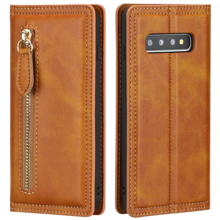 For Galaxy S10 Skin Texture Magnetic Zipper Horizontal Flip Leather Case with Card Slot & Wallet