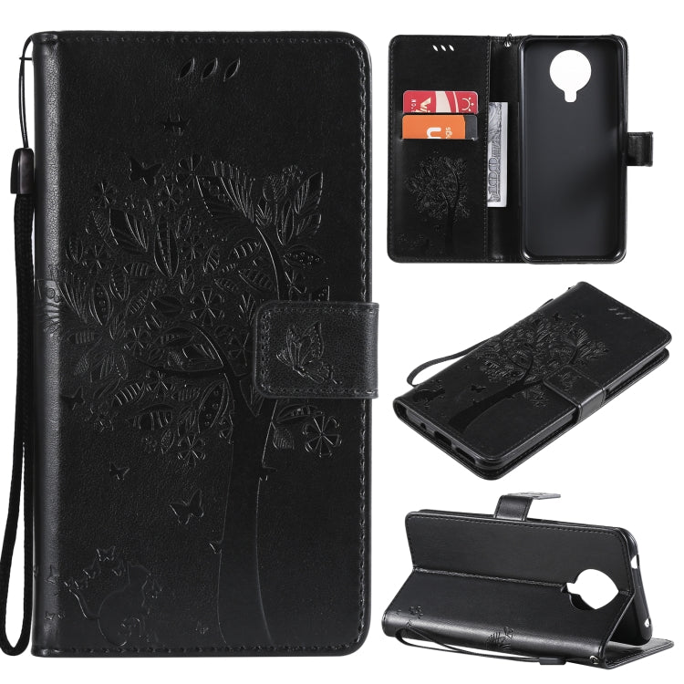 For Nokia 6.3 Tree & Cat Pattern Pressed Printing Horizontal Flip PU Leather Case with Holder & Card Slots & Wallet & Lanyard