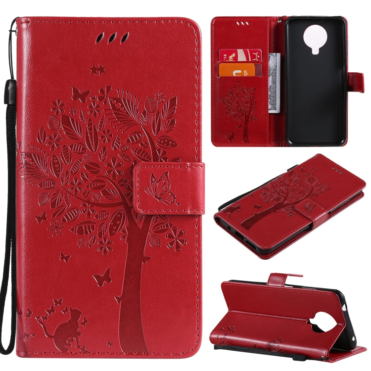 For Nokia 6.3 Tree & Cat Pattern Pressed Printing Horizontal Flip PU Leather Case with Holder & Card Slots & Wallet & Lanyard