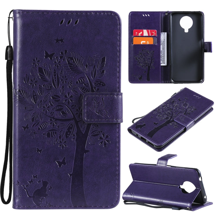 For Nokia 6.3 Tree & Cat Pattern Pressed Printing Horizontal Flip PU Leather Case with Holder & Card Slots & Wallet & Lanyard